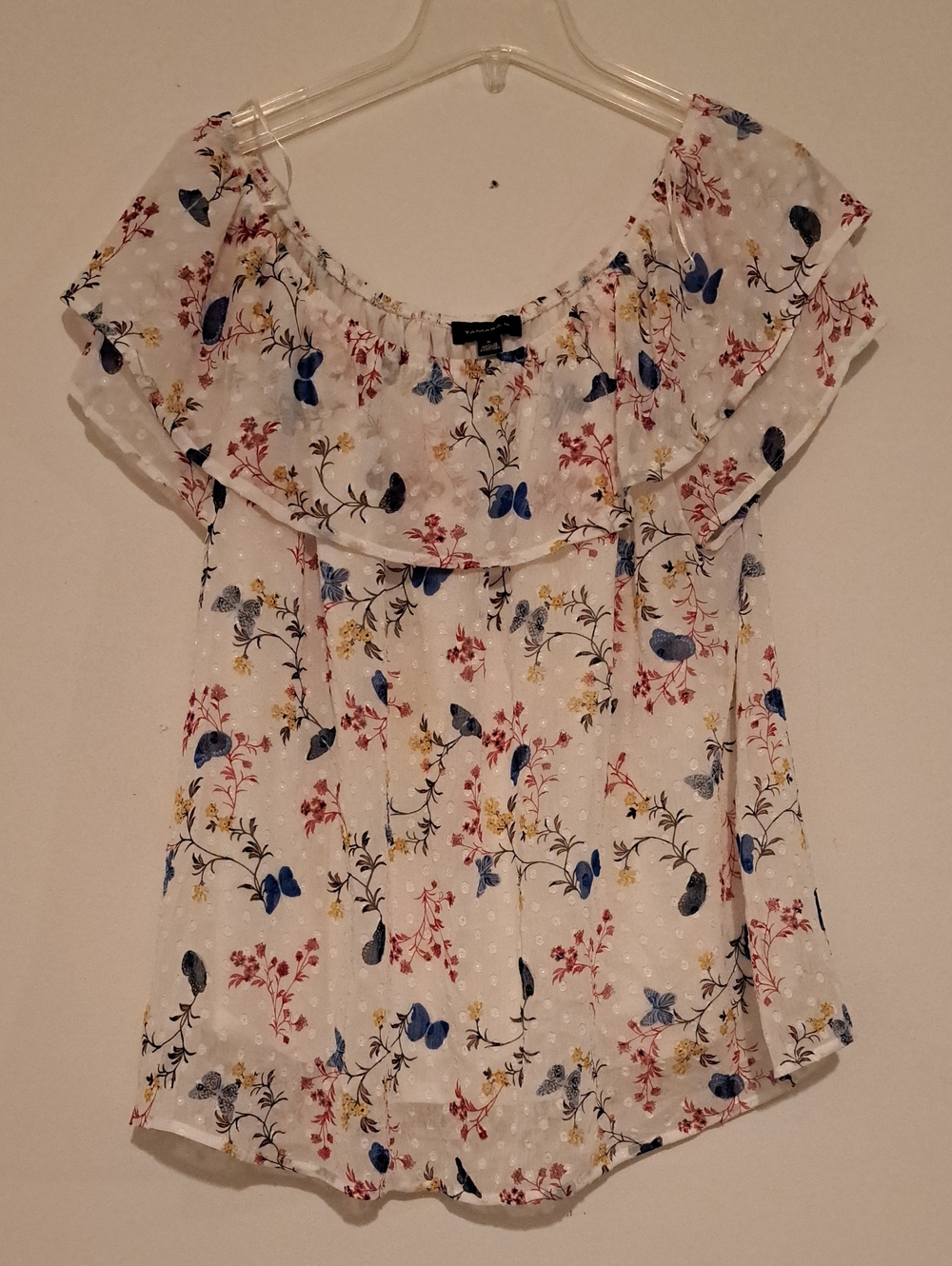 White Floral Off-Shoulder Ruffle Blouse with Blue and Red Accents